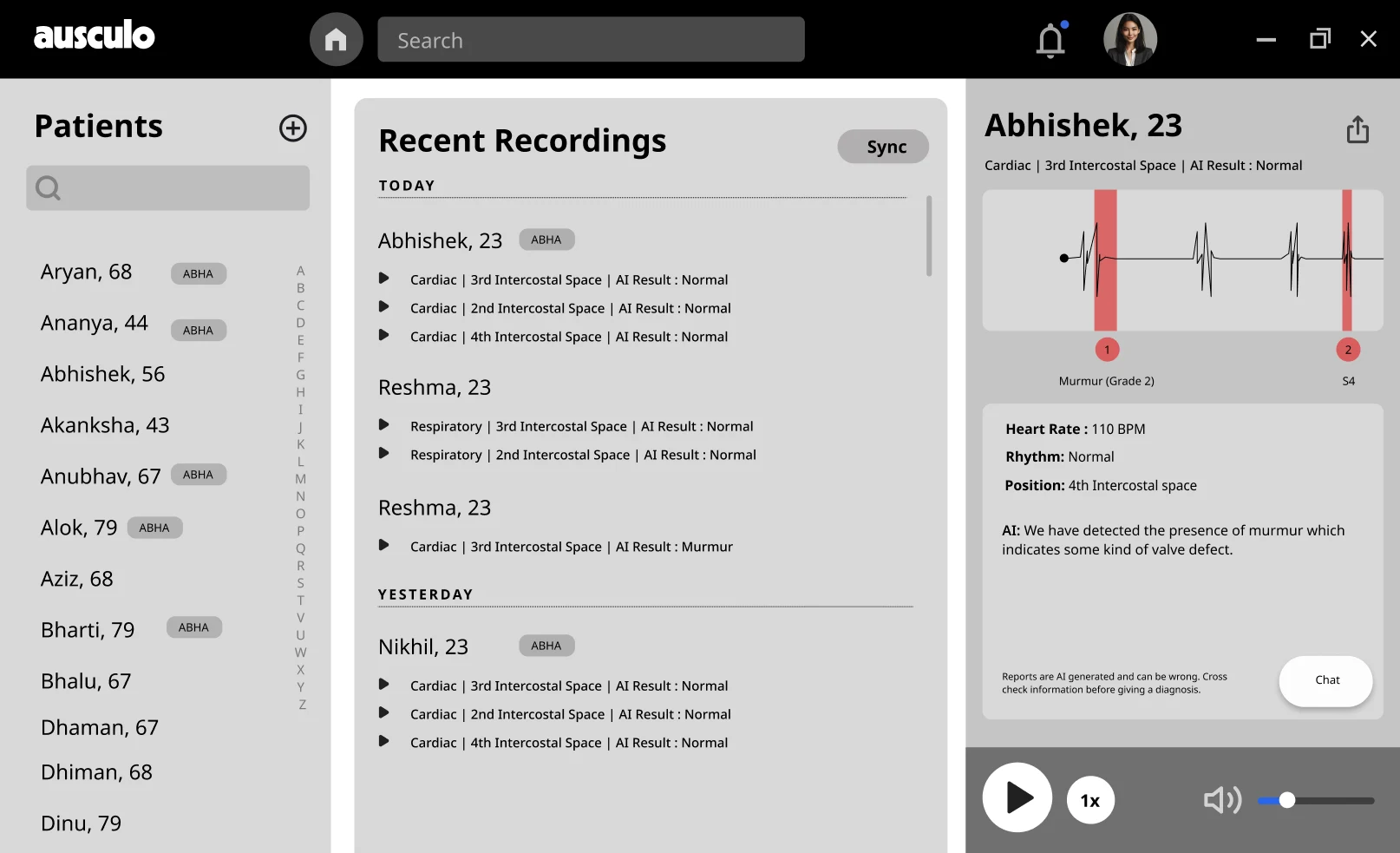 The doctor's desktop client: a patient list, recent recordings grouped by day, and one recording with its waveform and AI note