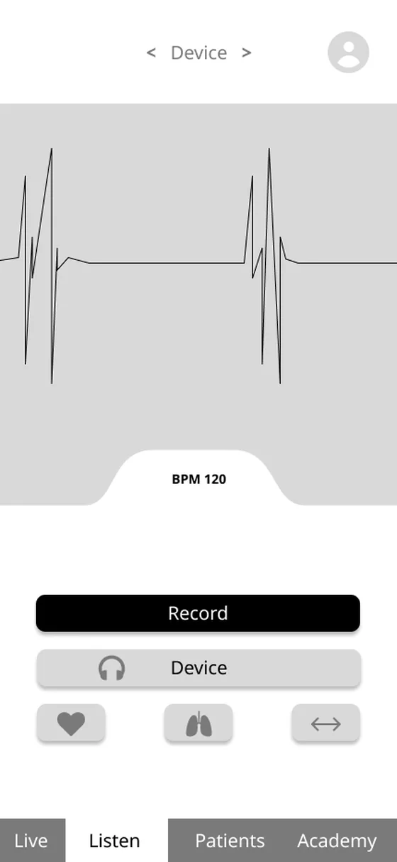 UI 1.0 record screen: a waveform, a Record button, a Device button and three category icons