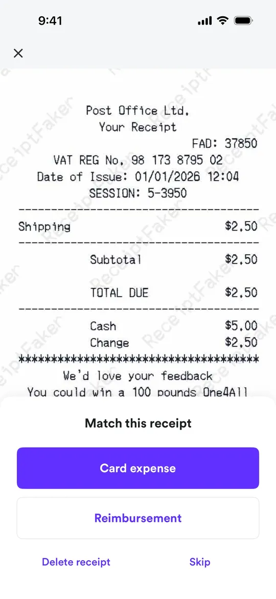 Airwallex's Match this receipt sheet offering Card expense or Reimbursement