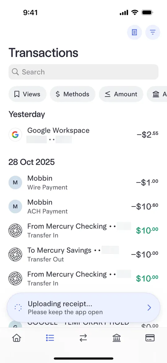 Mercury's transactions list with an uploading receipt toast