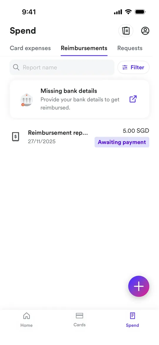 Airwallex's reimbursements list with a missing bank details banner