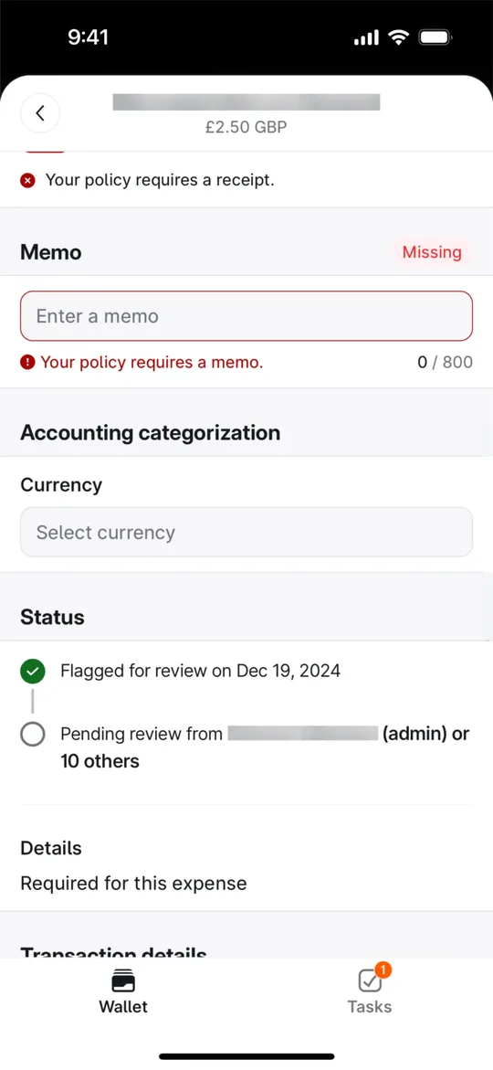 Brex's expense detail with a missing memo flagged in red