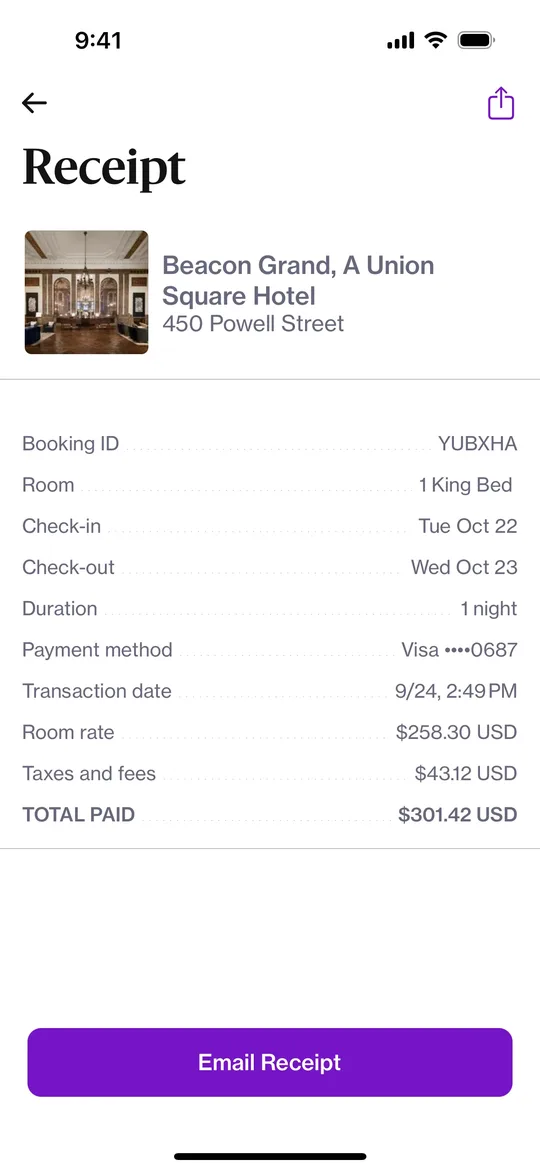 Navan's hotel receipt generated from the booking