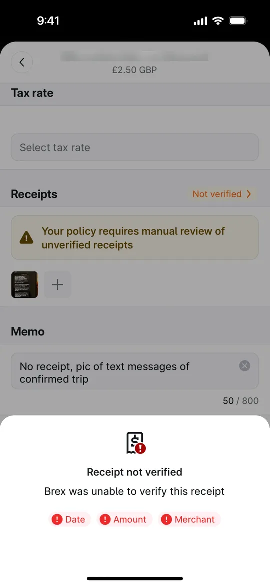 Brex's receipt not verified sheet listing date, amount and merchant