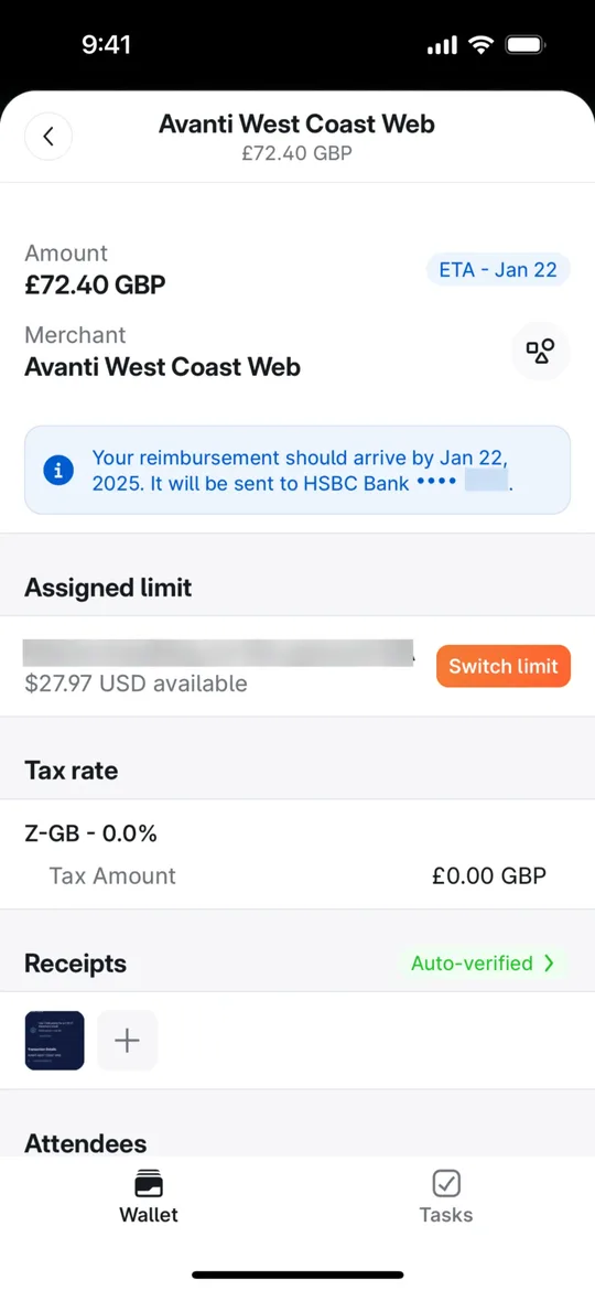 Brex's expense detail with the receipt auto-verified and a reimbursement date