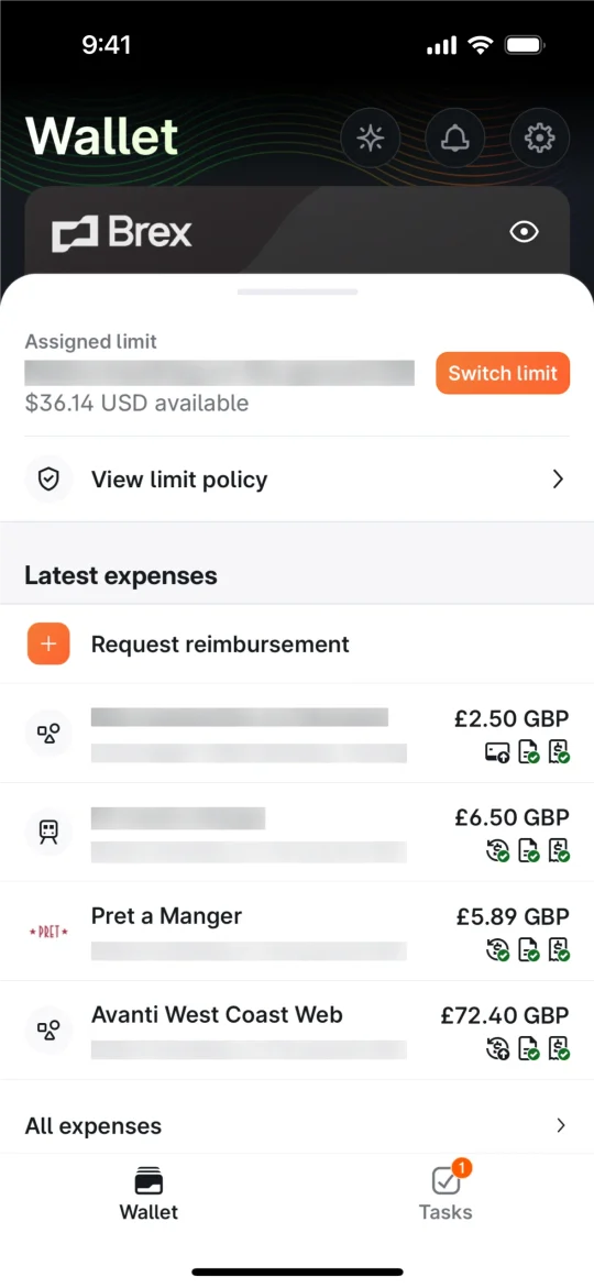 Brex's wallet with a list of recent expenses and their receipt statuses