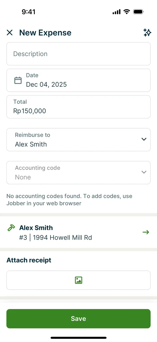 Jobber's new expense form scrolled to the Attach receipt row
