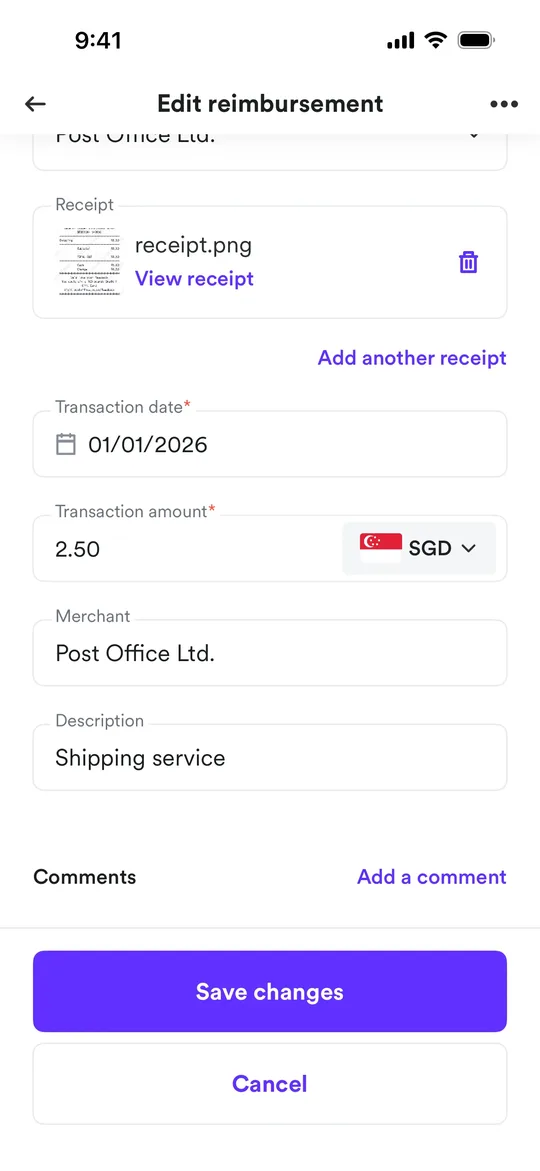 Airwallex's edit reimbursement form with a receipt file and typed fields