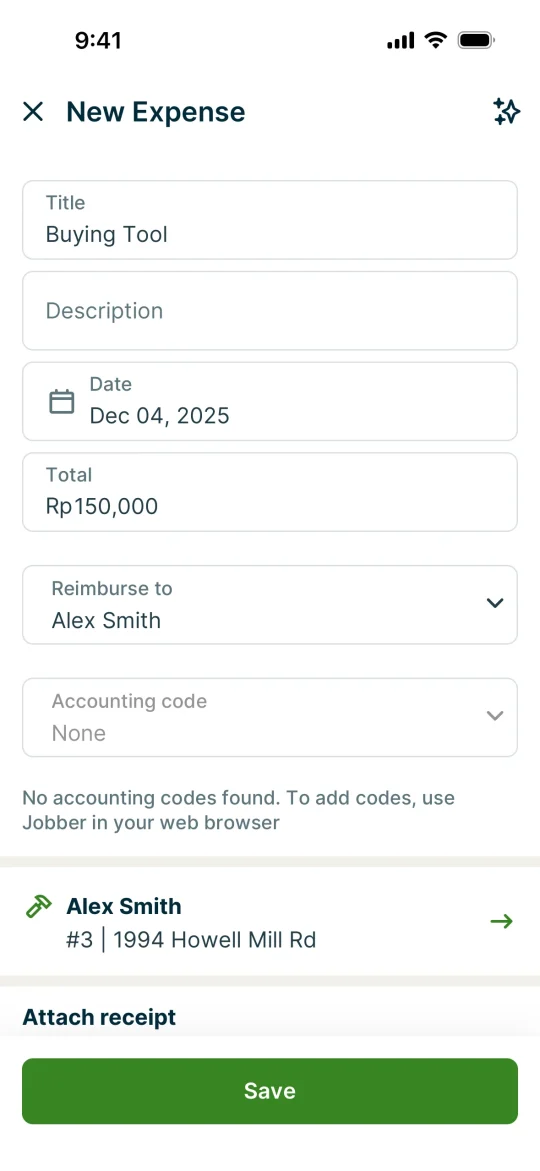 Jobber's new expense form, with stacked fields and an attach-receipt row