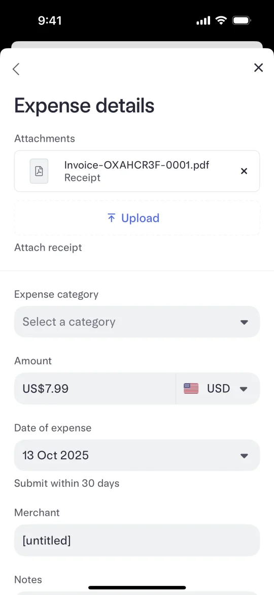 Mercury's expense details form, with a receipt attached as a PDF