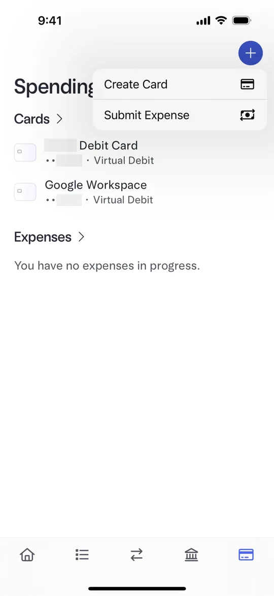Mercury's Spending tab with a menu offering Submit Expense