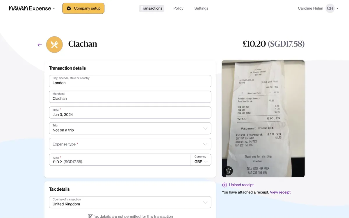 Navan web: a transaction with its receipt photo beside the form