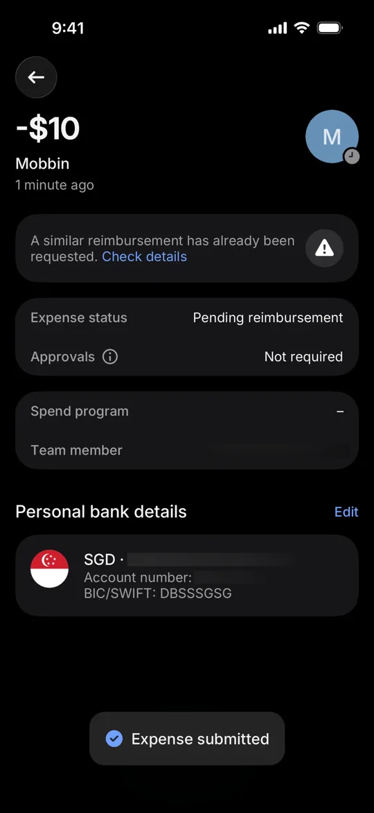 Revolut Business's expense after submitting, with a toast
