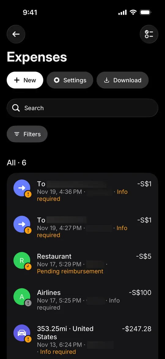 Revolut Business's expenses list with several rows marked Info required