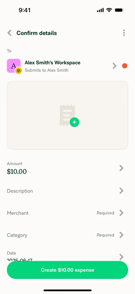 Expensify's confirm details screen with a blank receipt and required fields