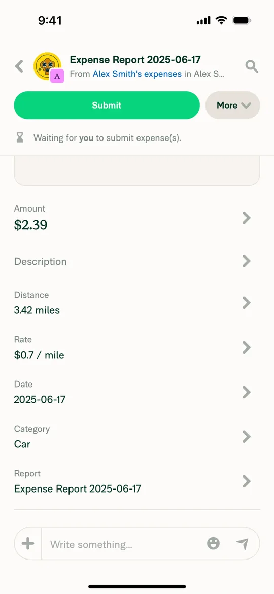 Expensify's expense detail with a Submit button and a list of fields