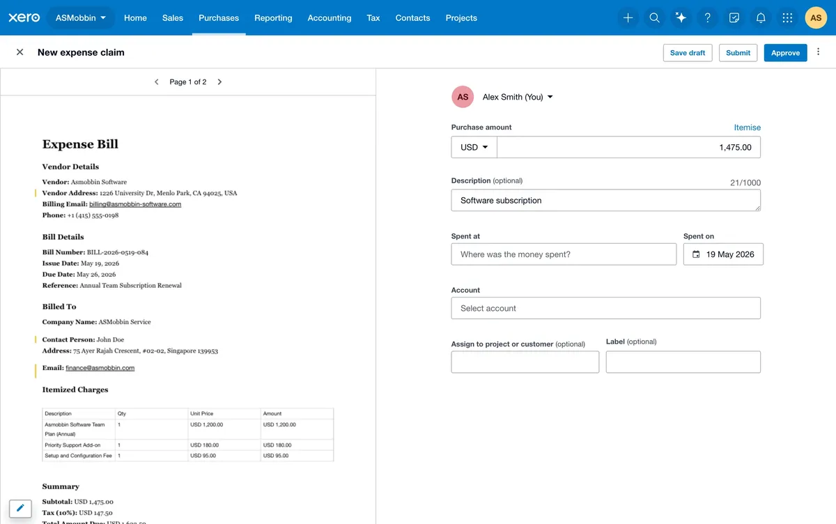 Xero web: a filled-in expense claim beside the bill it came from