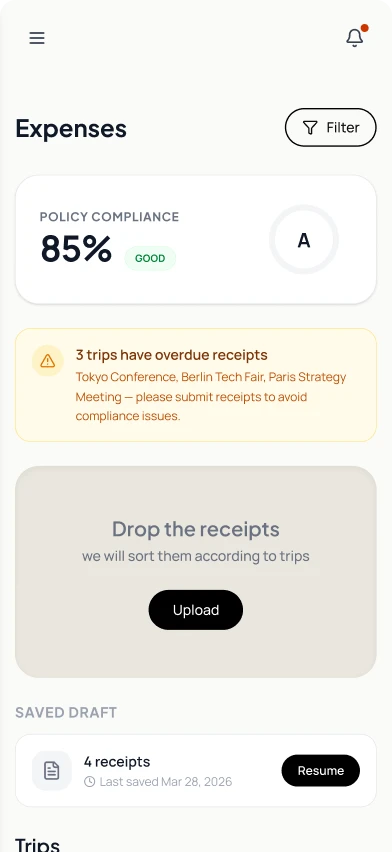 The old Expenses home: compliance score, overdue banner and the drop zone
