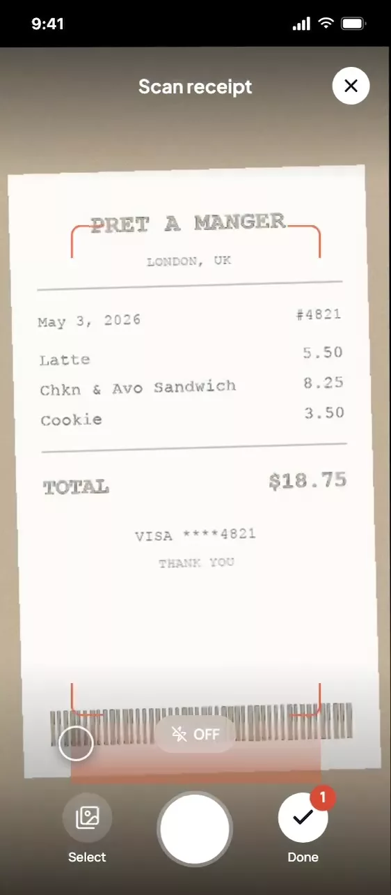 Receipt capture, with the amount picked out live.